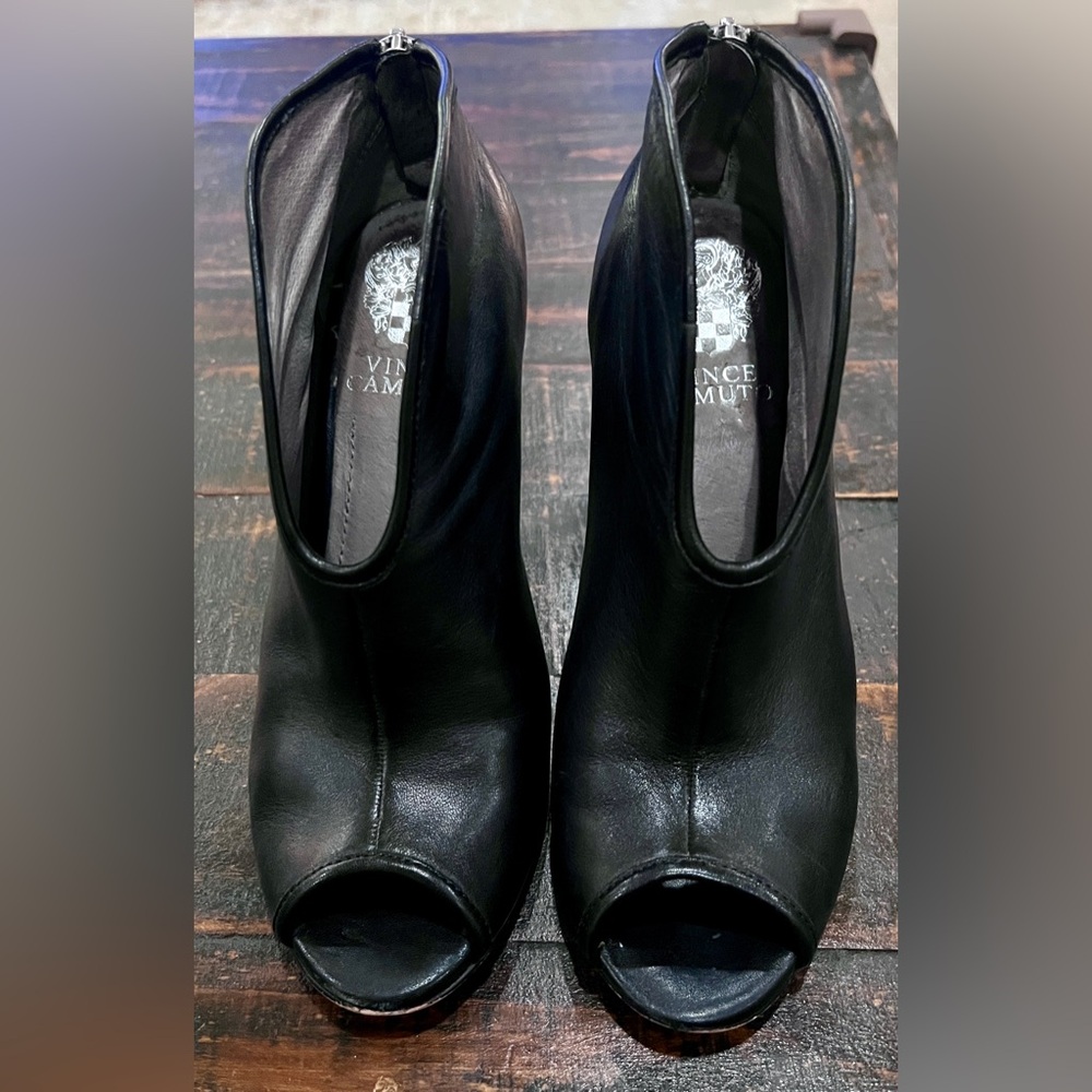 Vince Camuto Amber Black Leather Peep-Toe Heeled Booties